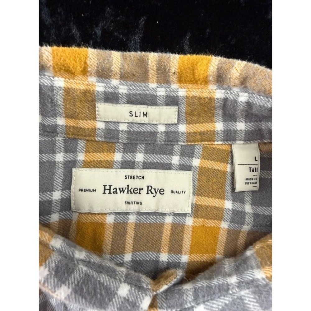 Hawker Rye Men's L Tall Slim Fit Stretch Flannel Shirt Gray Mustard Plaid - Picture 2 of 11